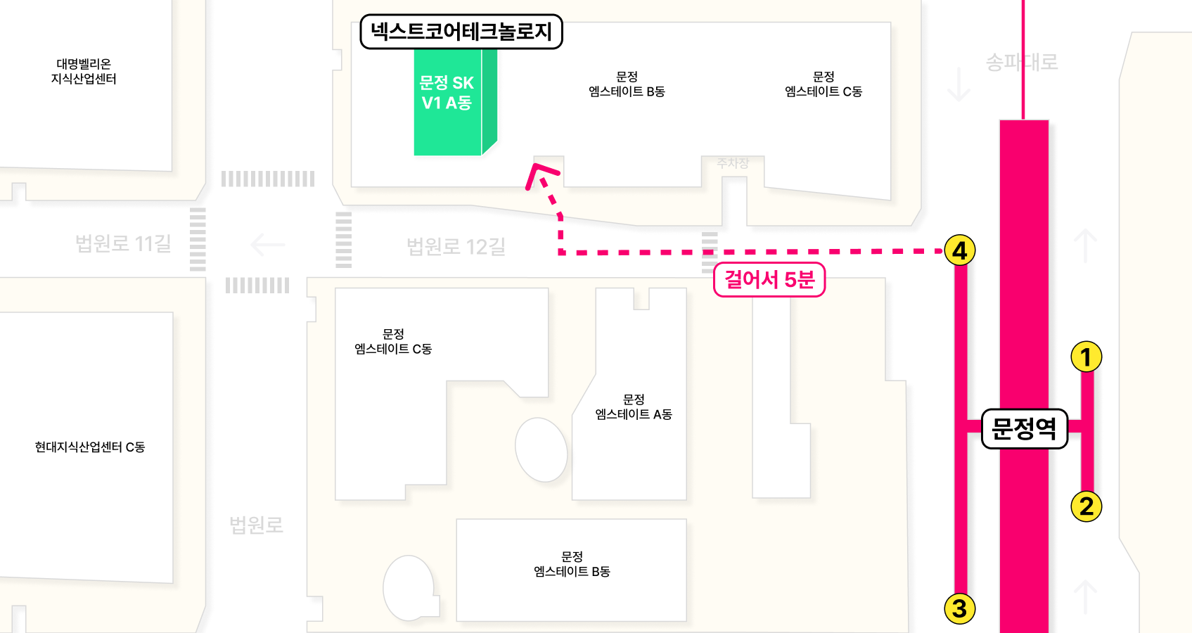 넥스트코어테크놀로지 오시는 길 — 서울 송파구 법원로 128 문정 SK V1 GL메트로시티 A동 610호